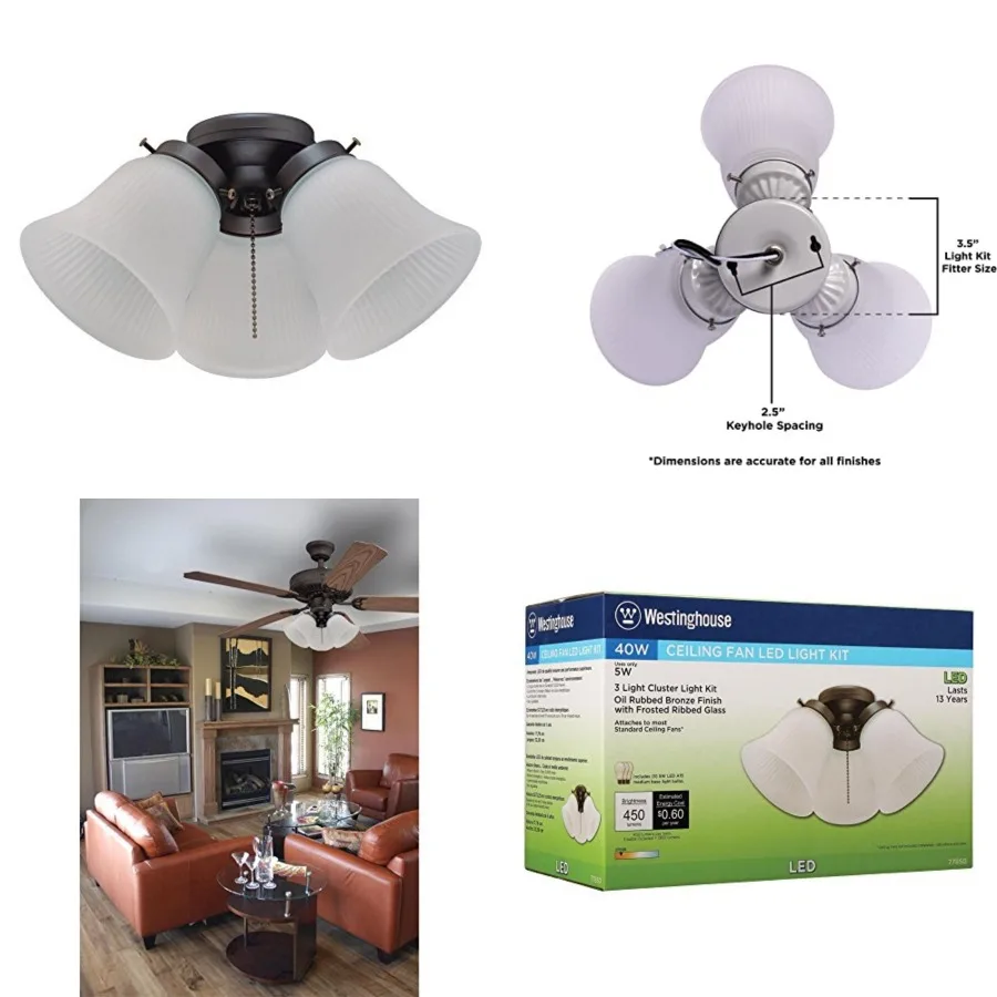 Three-Light LED Cluster Ceiling Fan Light Kit, Oil Rubbed Bronze Finish with Frosted Ribbed Glass