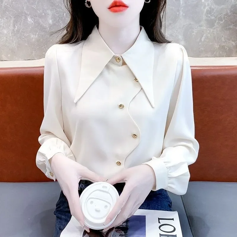 

Vintage Hong Kong Style Pointed Collar Shirts Women's 2026 Spring Autumn New Irregular Long Sleeve Loose Chiffon Shirt Chic Tops