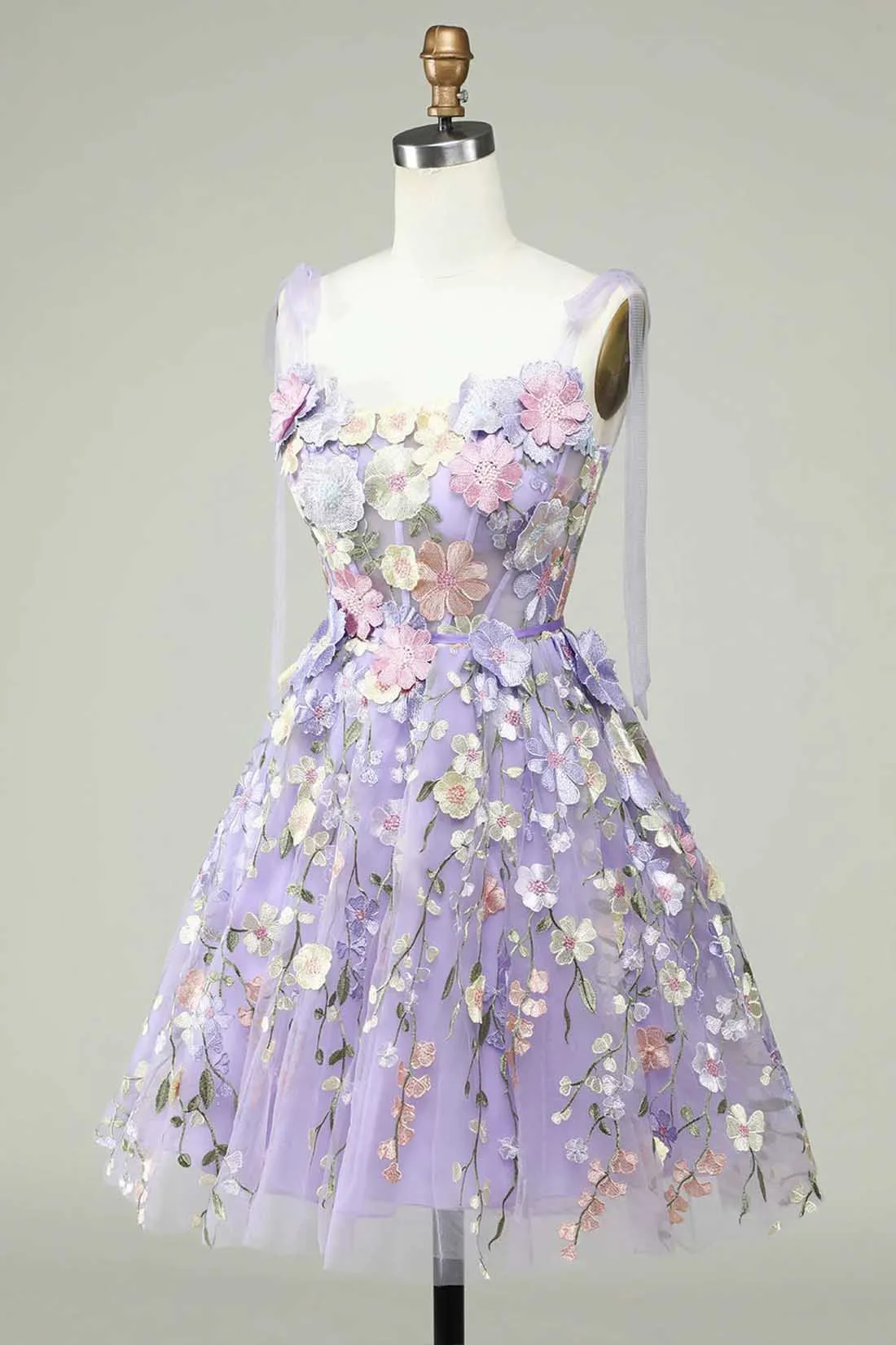 Simple A-Line Lilac Short Homecoming Dress with 3D Flowers Square Neckline Cocktail Dresses Dress Short Length Wedding Dresses