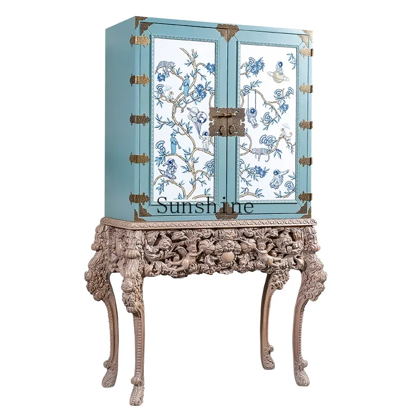 

French Chinese style hand-painted spaceman cabinet, imported solid wood original wine cabinet, high-end villa storage