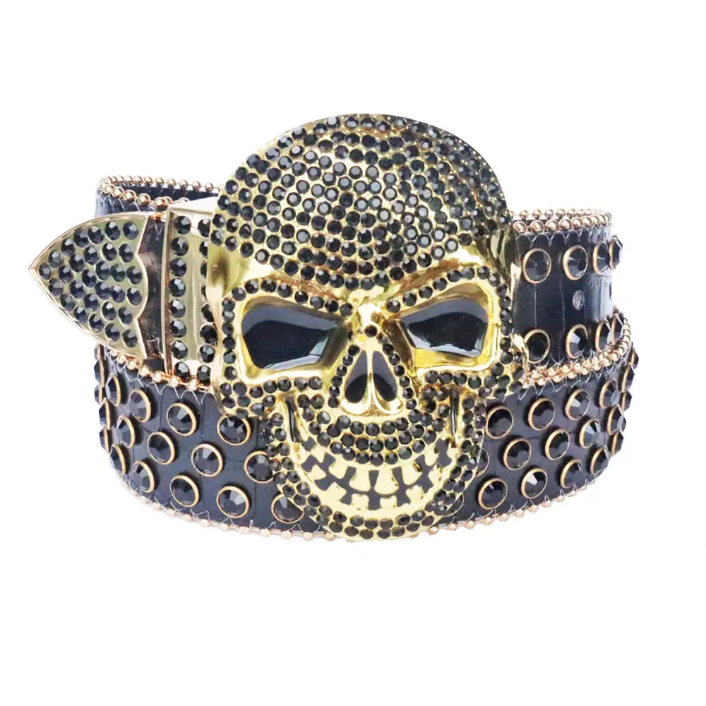 New Punk Western Big Skull Sparkly Men Women Leather Belt Bling Diamond Rhinestone Belt