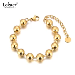 Lokaer Trendy Stainless Steel 8/10mm Round Beads Chain Bracelet for Women 18K Gold Plated Party Jewelry Браслет pulseras B24093