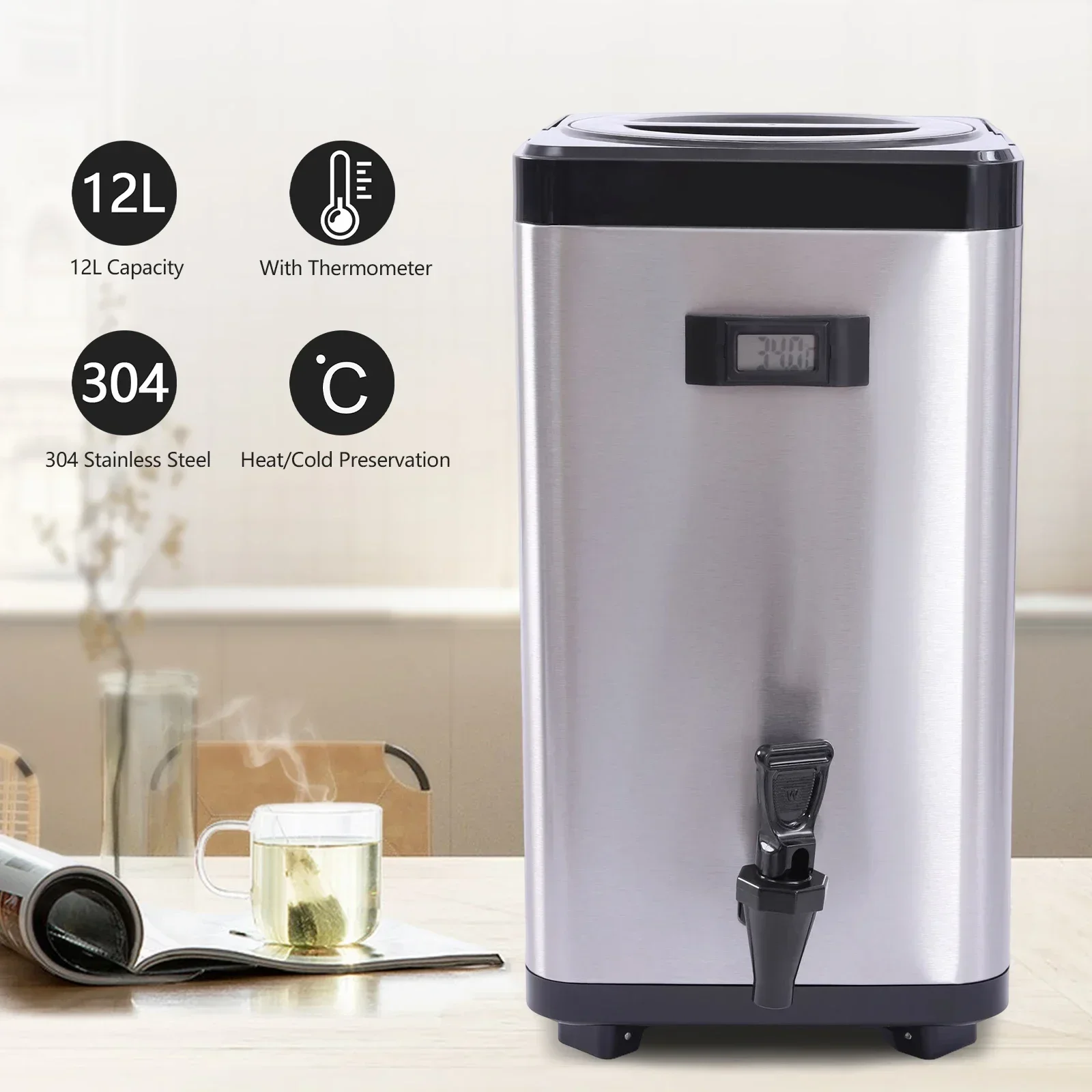 

12L Stainless Steel Beverage Dispenser 304 Food Grade Hot Cold Insulated Water Container with Thermometer for Cafe Home Kitchen