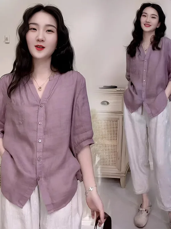 한국 스타일 순색 심플 린넨 여성 여름 얇은 루즈핏 브이넥 트렌디 스몰 원피스 패셔너블