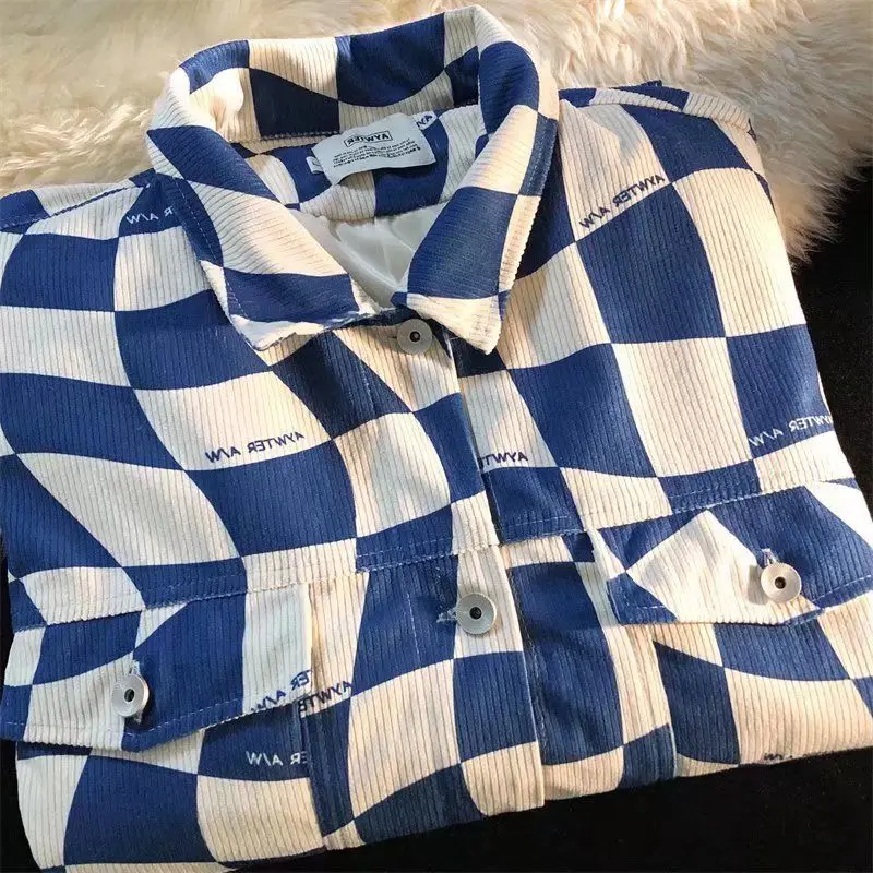 High Street Retro Klein Blue Color-blocked Checkerboard Shirt for Men and Women Niche Trendy Brand Corduroy Lapel Casual Jacket