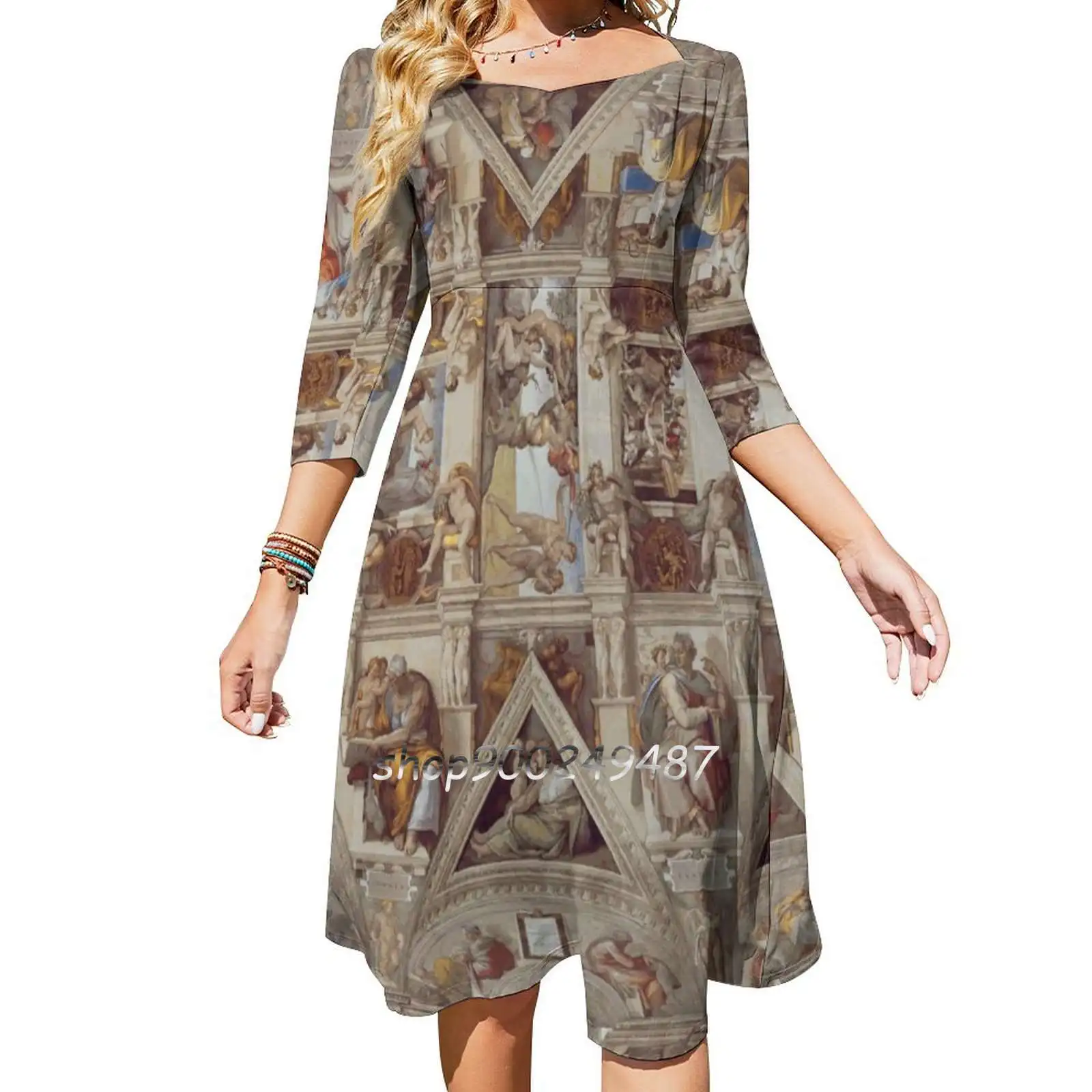 The Sistine Chapel-Michelangelo Square Neck Dress Sweet Summer Dress Women Elegant Halter Print Dress Sistine Chapel