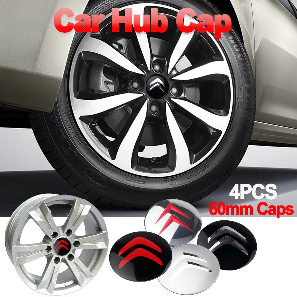 4pcs 60mm schwarz/Silber Metall Emblem Auto Hub Caps Dekoration Styling Autozubehör für Citroen C1 C3 C4 C4L C6 C5 VTS C-ELYSEE