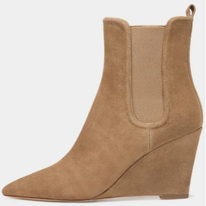 

Stylish Pointed Toe Woman Ankle Boots Beige Suede Stretch Fabric Wedge Heels Short Booties Fashion Modern Footwear