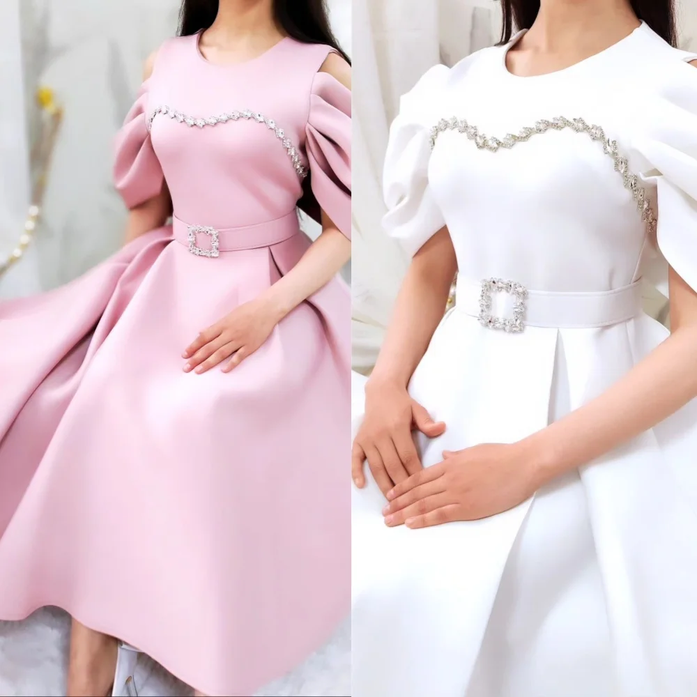 

Evening Sexy Casual Satin Beading Draped Sash Wedding Party A-line O-Neck Bespoke Occasion Gown Midi Dresses