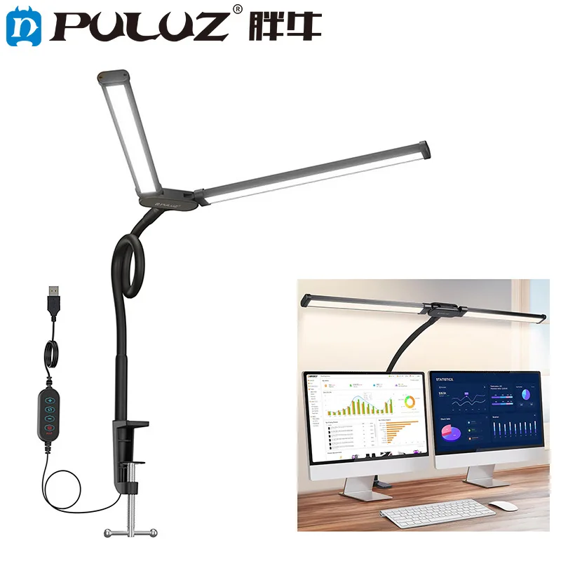 PULUZ Gooseneck Tube LED Fill Light Double Head Clip Desk Lamp (Black)
