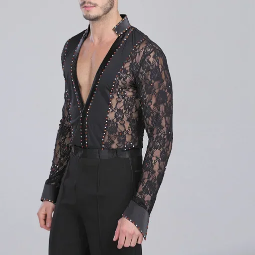 Mannen Latin Dance Kanten Kledingstuk Dans Wals Ballroom Dans Kledingstuk Prestaties Latin Man Shirts Kledingstuk Tops