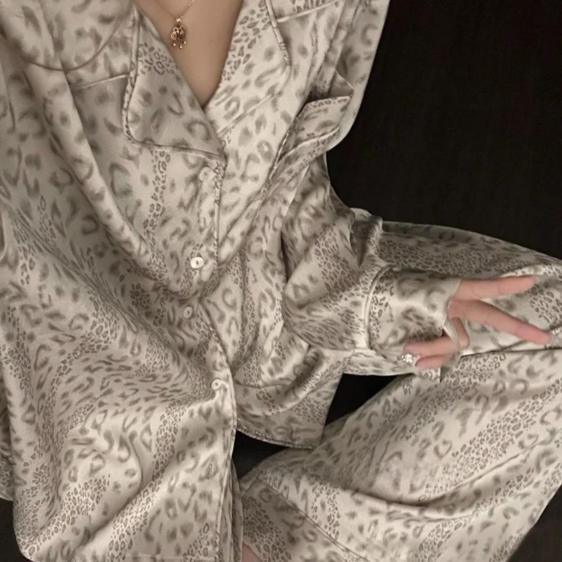 

Elegant Leopard Print Long Sleeve Pants Sleepwear Women's Spring Autumn Grey New Home Clothes Outdoor Wear Cloud Cotton Youth