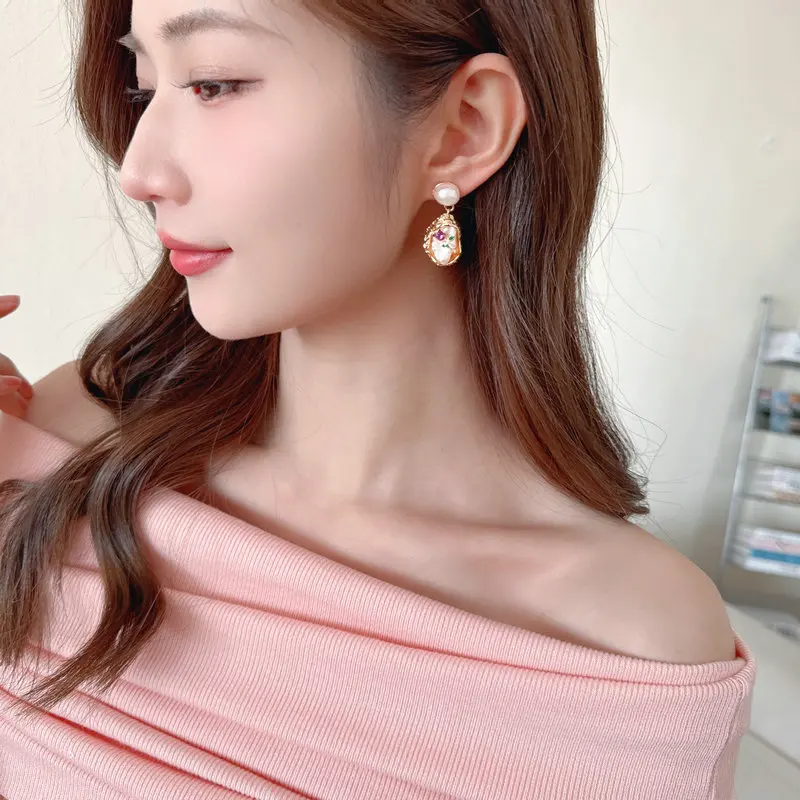 أقراط على شكل زهرة من اللؤلؤ الطبيعي، أزياء باروكية قديمة، أقراط أنيقة ورائعة s925 أقراط إبرة فضية على شكل وردة