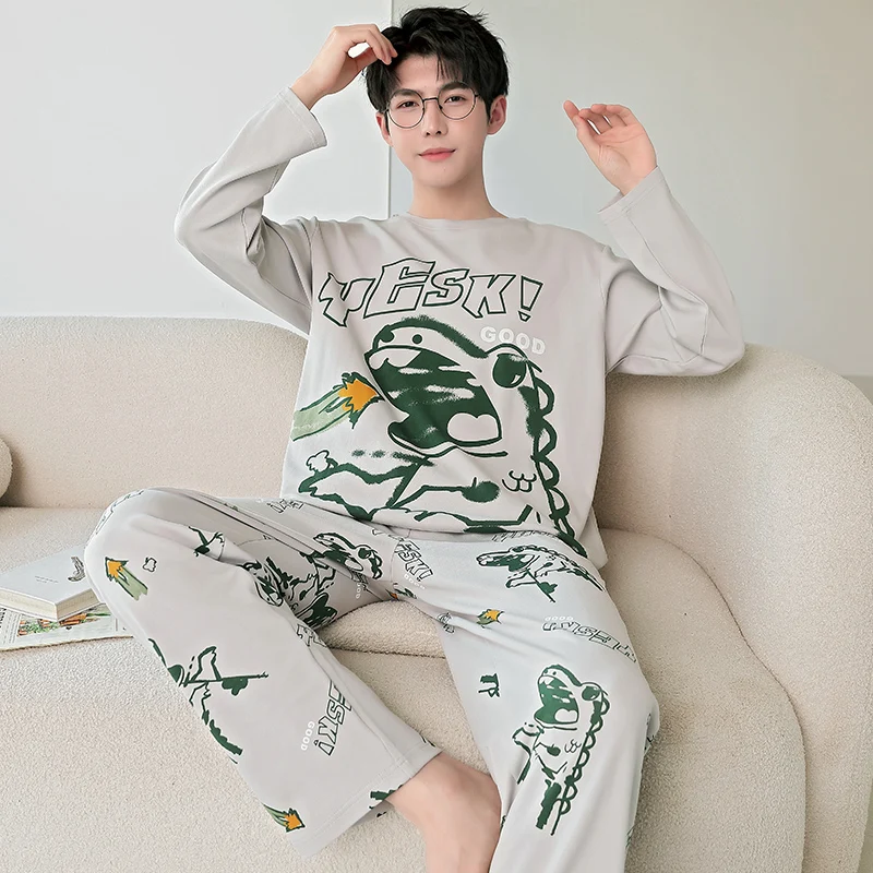 Top Men Two Piece Pajamas Autumn New Cotton Students Sleepwear Long-Sleeved Cute Thin Section Of The Boys Teenage Homewear Suits