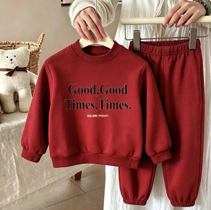 Kids Good Good Times Letter Two Piece Tracksuit Soft Skin Friendly Cotton Crew Neck Sweatshirt And Pants Baby Popular Clothing