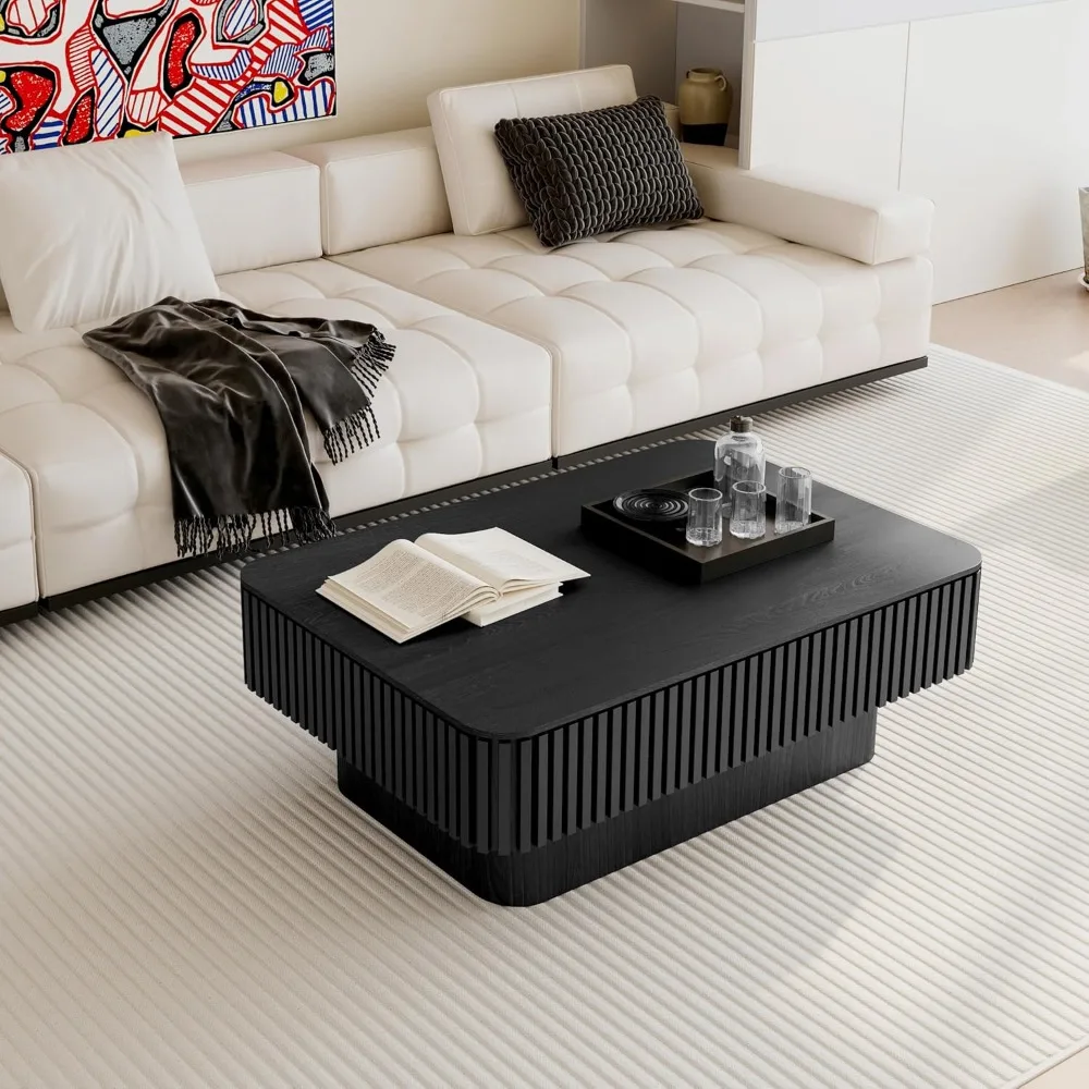 

Raised Storage Coffee Table in Solid Wood with Adjustable Height, Decorative Fluted Accent Table for Living Spaces