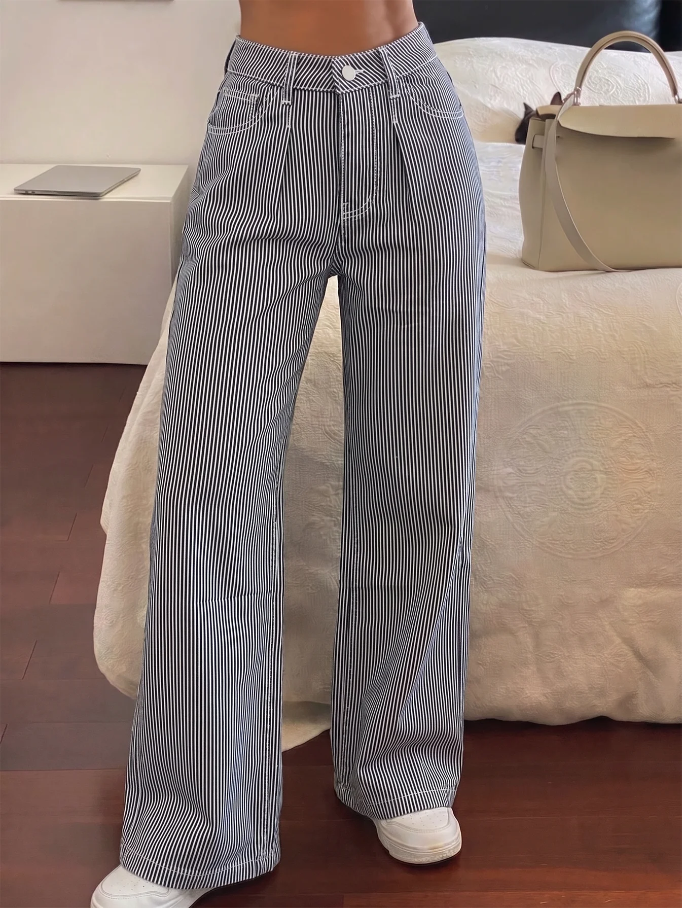 Women High Waist Vertical Blue White Striped Wide Leg Pants Vintage Striped Loose Straight Trousers With Pockets Casual Streetwe