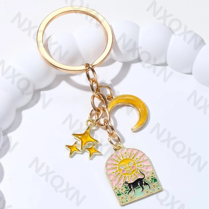 Mysterious Sun Moon Star Cat Enamel Keychain Cartoon Animals Natural Key Ring For Women Men Friendship Gift Handmade Jewlery Set