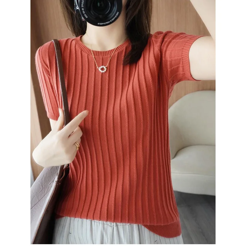 2023 New Summer Fashion Commuting Simple Round Neck Pit Knit Slim Fit Relaxed Solid Color Versatile Short Sleeve Women\'s T-shirt