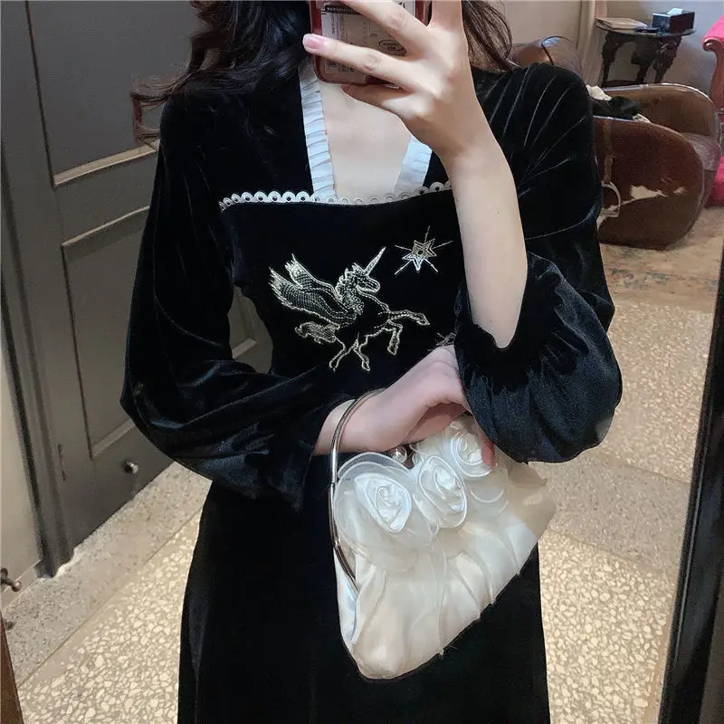 Women French Style Vintage Embroidery Elegant Party Dresses Ruffled Lace Gold Velvet High Waist Long Sleeve Slim Midi Dress Robe