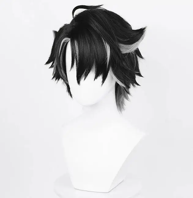 Wig Synthetic Straight Short Black Gray Mix Anime Game Cosplay Hair Wig for Party