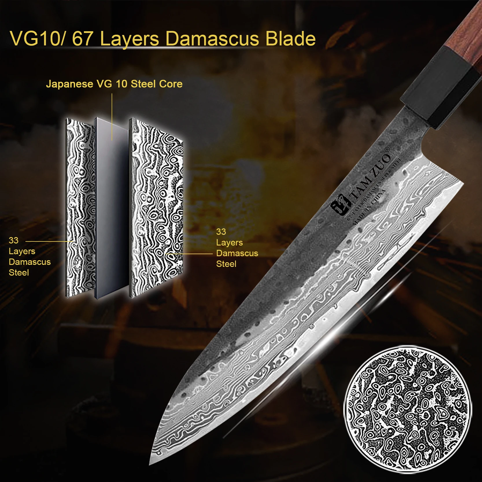Japanese Professional Chef Knife Damascus Steel Kitchen Slicing Knife Wooden-handled Meat Cutter and Boning Knife with Gift Box