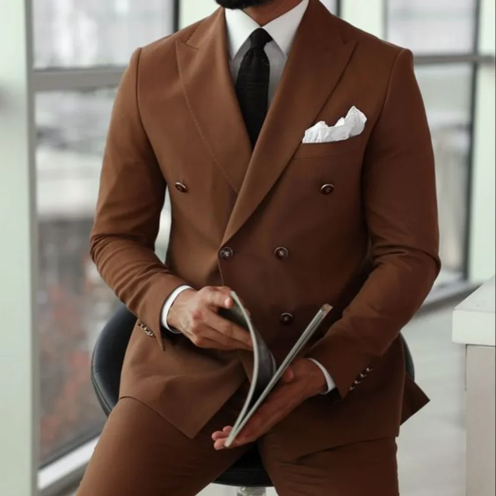 

Brown Solid Suits for Men 2 Piece Elegant Peak Lapel Double Breasted Tuxedo Wedding Party Fashion Smart Casual Male Suit