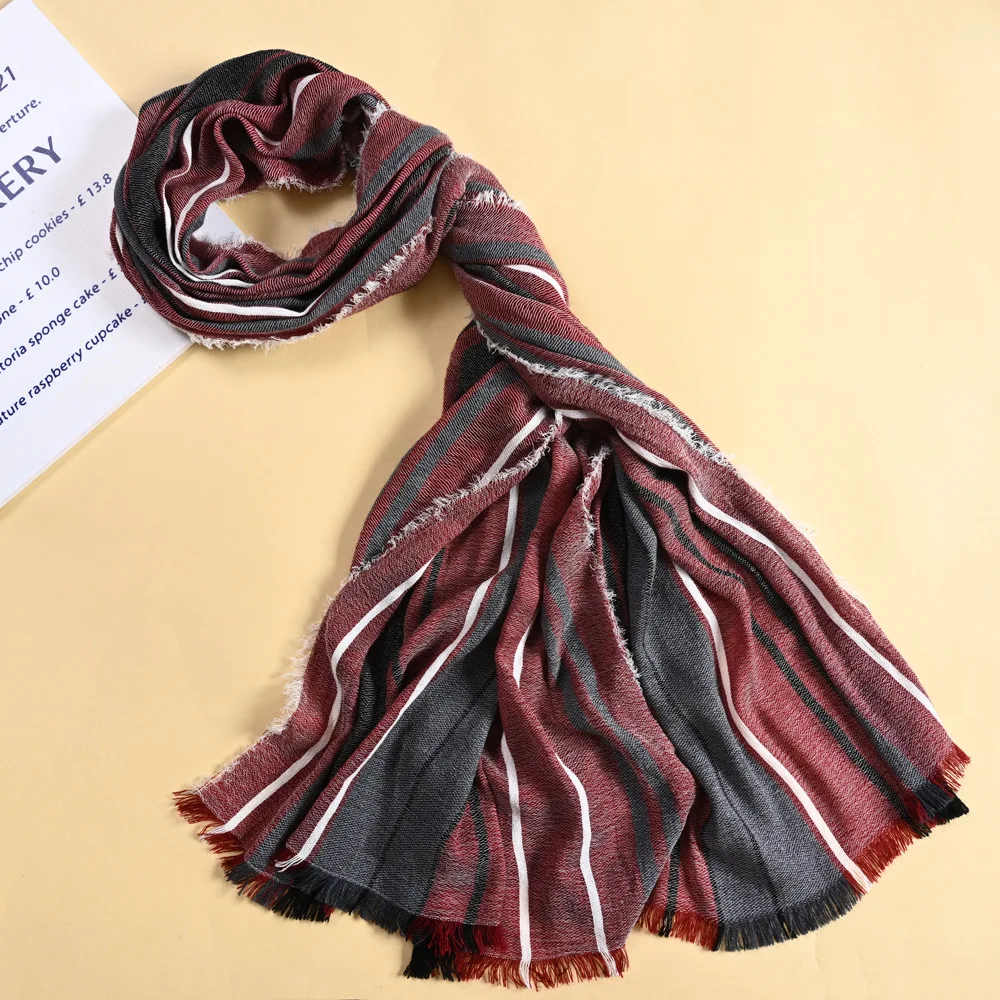 

New Striped Faux Cashmere Scarves for Women Men Autumn Winter Thick Warm Shawl Fashion Long Hijab Fringe Hair Wrap