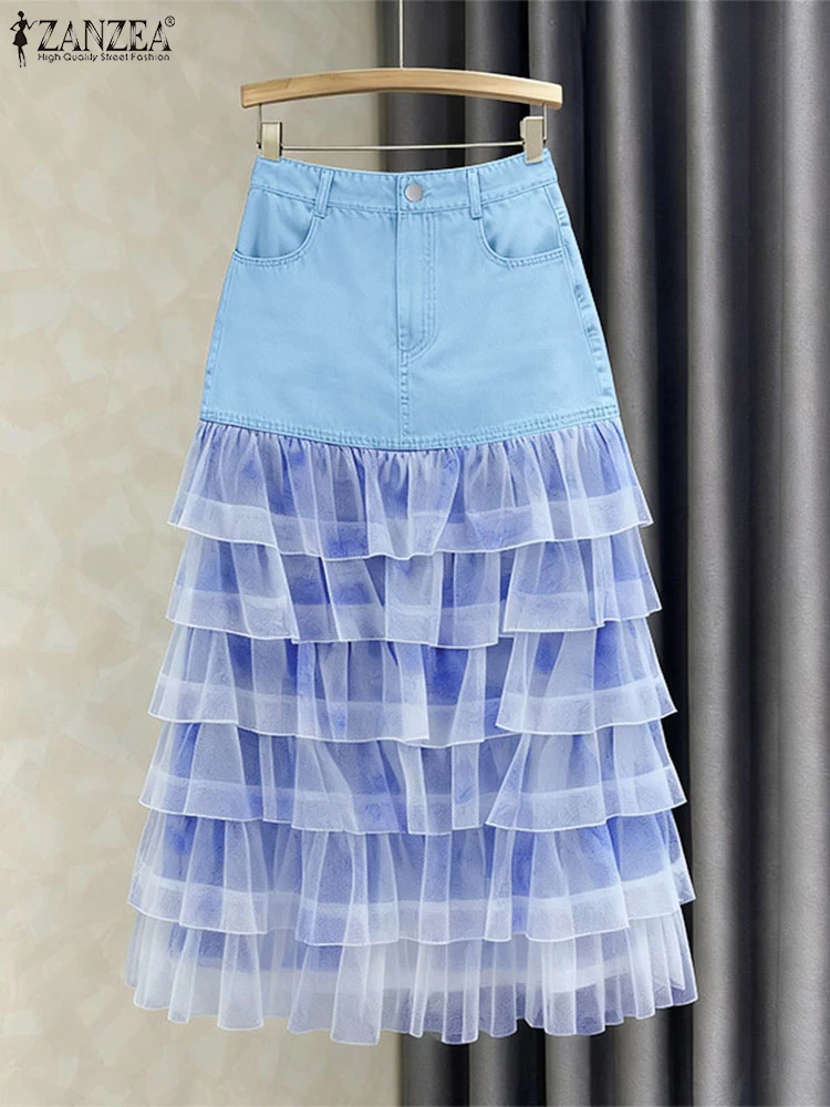

ZANZEA Streetwear Women Long Skirts 2025 Autumn High Waist Lace Ruffled Patchwork Jupes Faldas Saia Casual Loose Maxi Bottoms