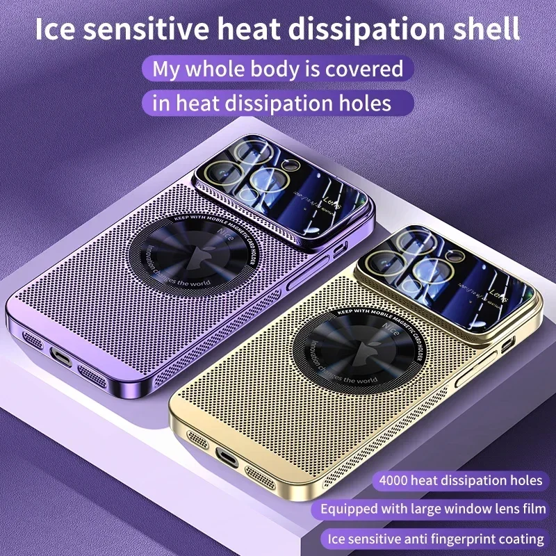 Heat Dissipation Magnetic Case For iPhone 13 11 12 14 15 Pro Max Electroplated Mesh Magsafe Glass Lens Enlarge Logo Phone Cover