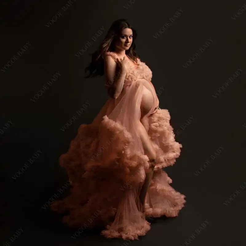 Pink Maternity Prom Dresses Photography Props Elegant Pregnant Ruffles Ball Gown Evening Party Dress Baby Showers Photo Shoot