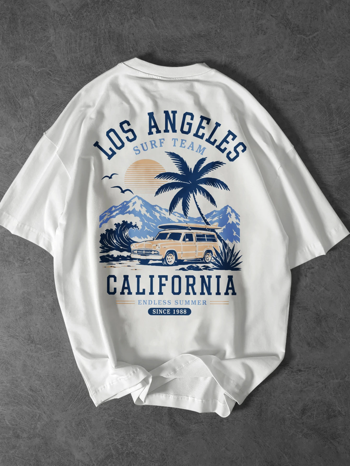 Herren Los Angeles Surf Team T-Shirt aus Baumwolle, Vintage Kalifornien Palmen- und Auto-Grafik-Print, Retro Strand Oversized Streetwear Tee – Detail 3