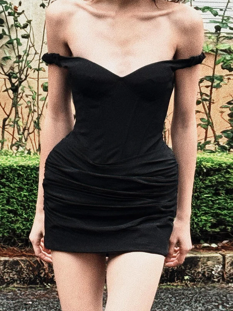 Kliou Sexy Mode Mini Kleid Frau Off Schulter Backless Dünne Geraffte Pfirsich Hüfte Heiße Mädchen High Street Elegante Stil Bodycon