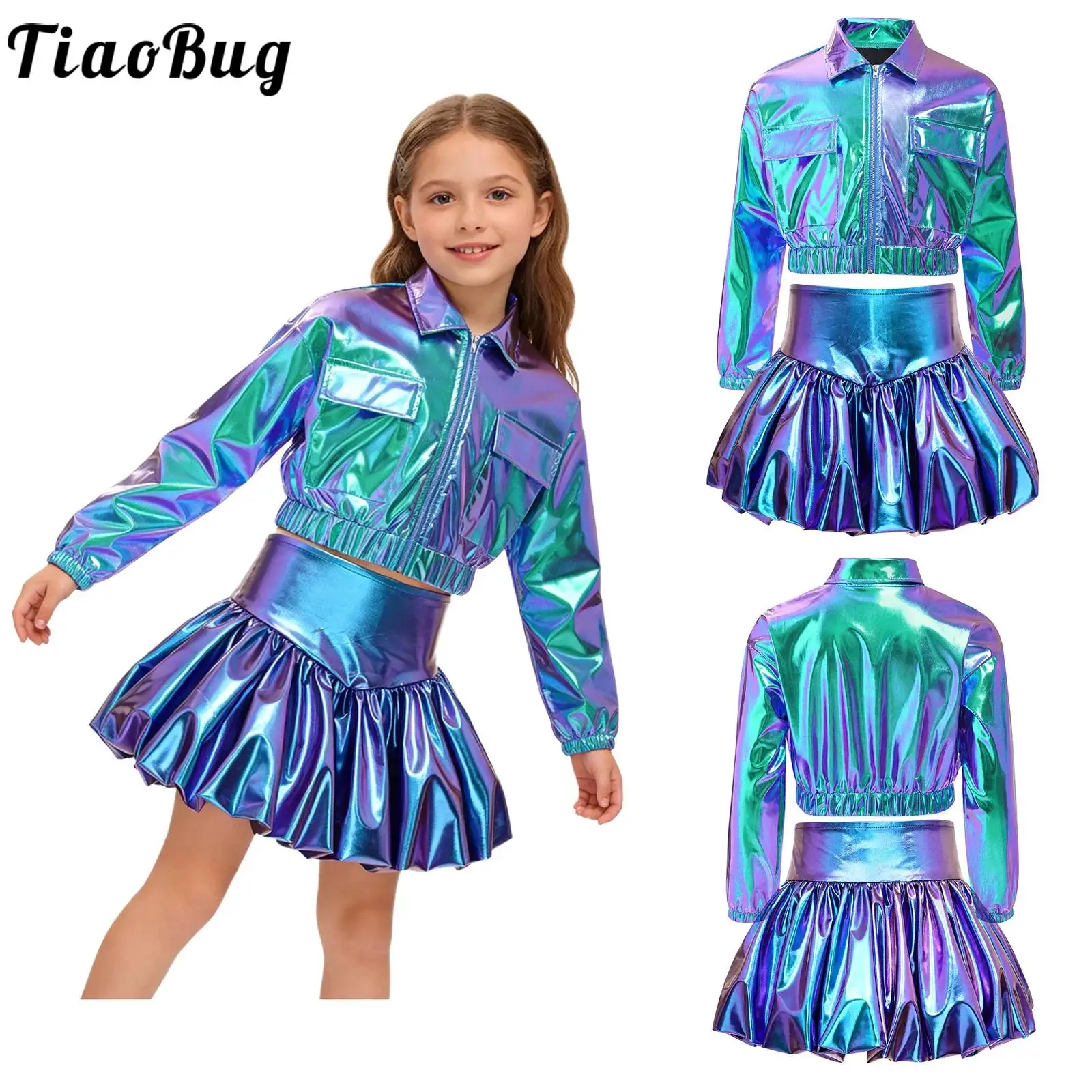 

Kids Girls Jazz Cheerleader Dance Performance Outfit Shiny Long Sleeve Metallic Jacket with Bubble Skirt Modern Street dancewear