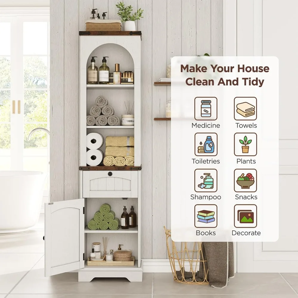 خزانة تخزين الحمام مقاس 69 بوصة، خزانة تخزين طويلة لبيت المزرعة، خزانة برجية ضيقة مقوسة قائمة بذاتها مع أرفف ودرج،