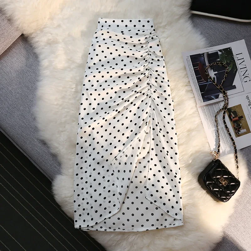 

Winter Long Skirts Women Elastic High Waist Drawstring Split Polka Dot Skirt Ladies Fashion Shirring Bodycon Pencil Skirt L528