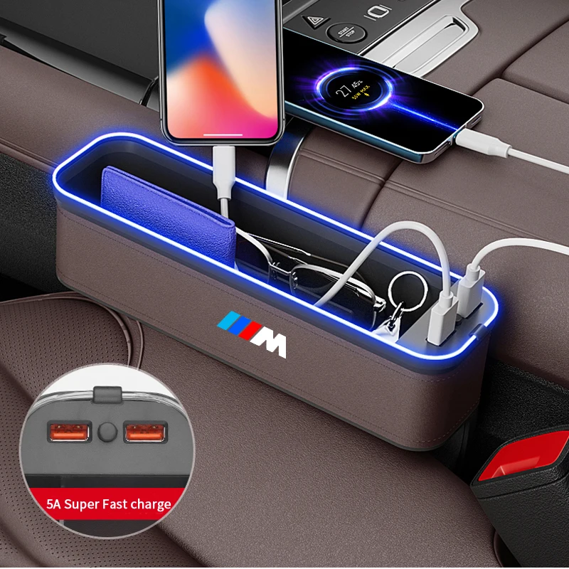 For BMW M E39 E46 E60 E90 F30 F10 F20 F25 F15 X1 X3 X5 Car Seat Gap Organizer Car USB Charging Multifunction Crevice Storage Box