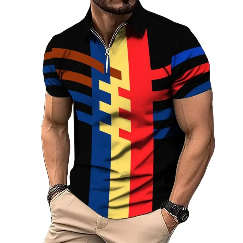 

Spring Summer Men's Retro Sports Polo Shirt Large Size Fashion Casual Comfortable Zipper Lapel Short Sleeve Printed T-shirt