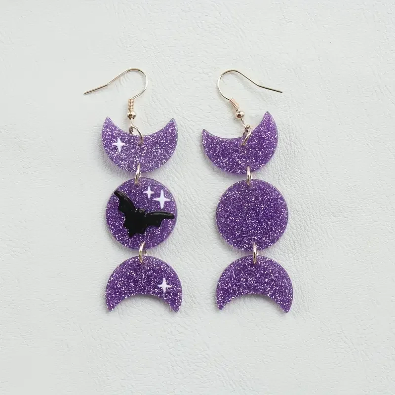 1 Pair Vintage-Inspired Purple Moon & Bat Print Acrylic Dangle Earrings with Sparkling Stars - Retro Style Perfect for Halloween