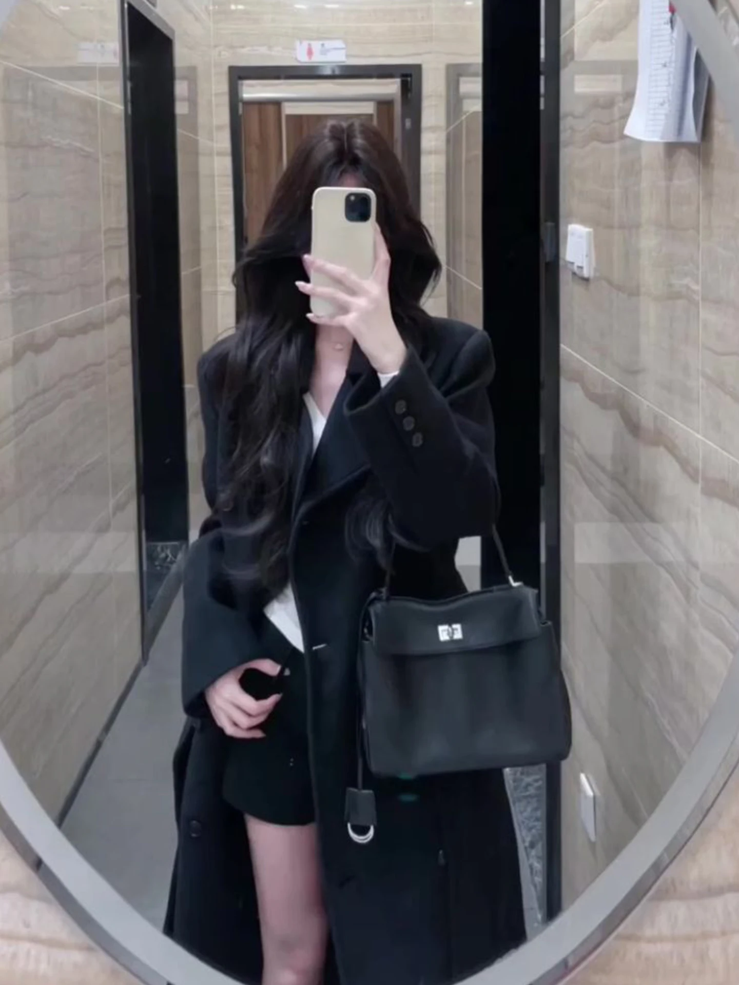 

Ele Korean Sle Women's Long Woolen Coat Heavy Work Lapel Asymmetrical Zipper Bla Trench Coat Commute Sle