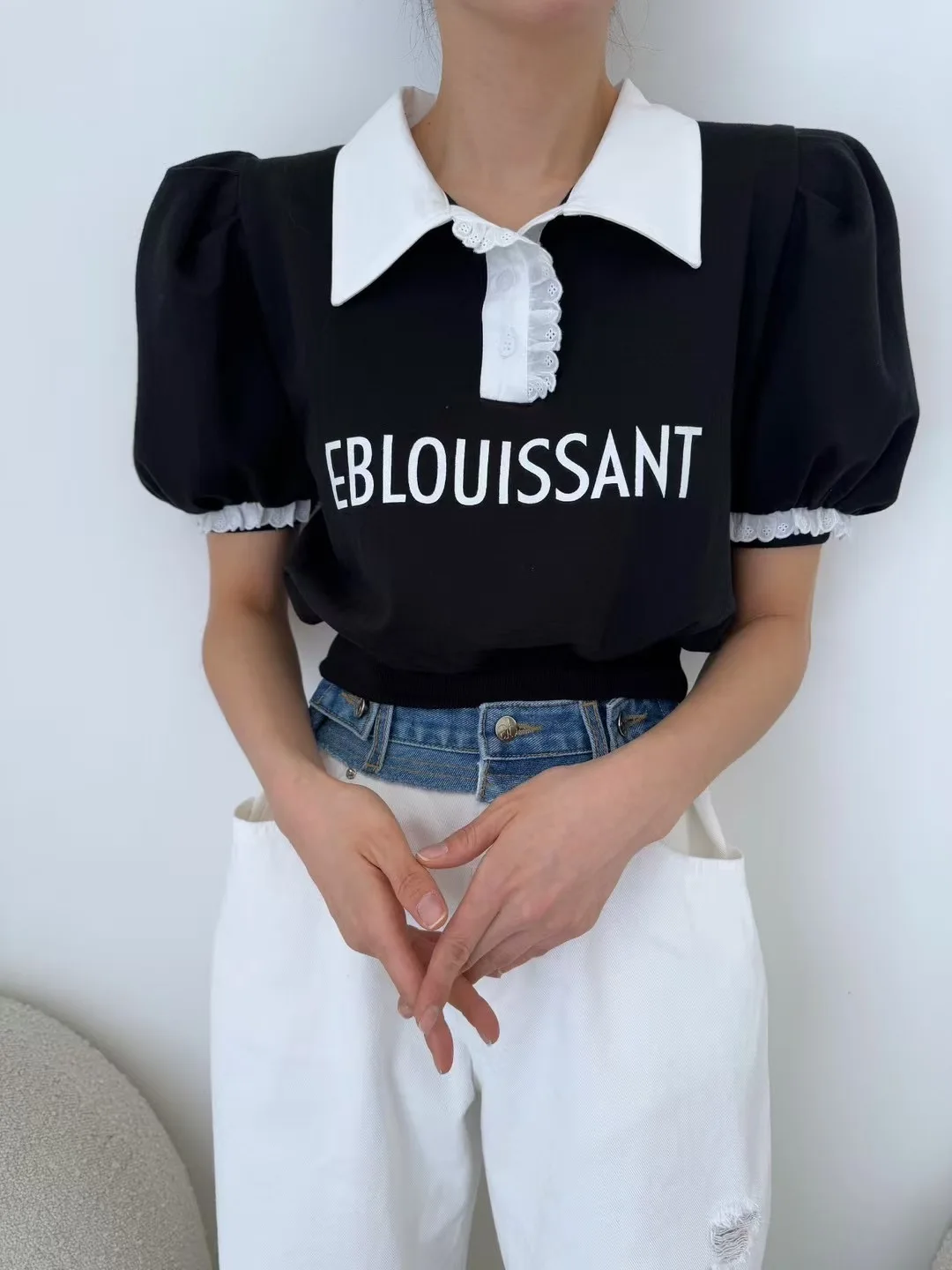 

Модная тонкая толстовка с буквенным принтом, женская летняя футболка с цветными блоками и кружевной отделкой, с рукавами-фонариками, в повседневном стиле