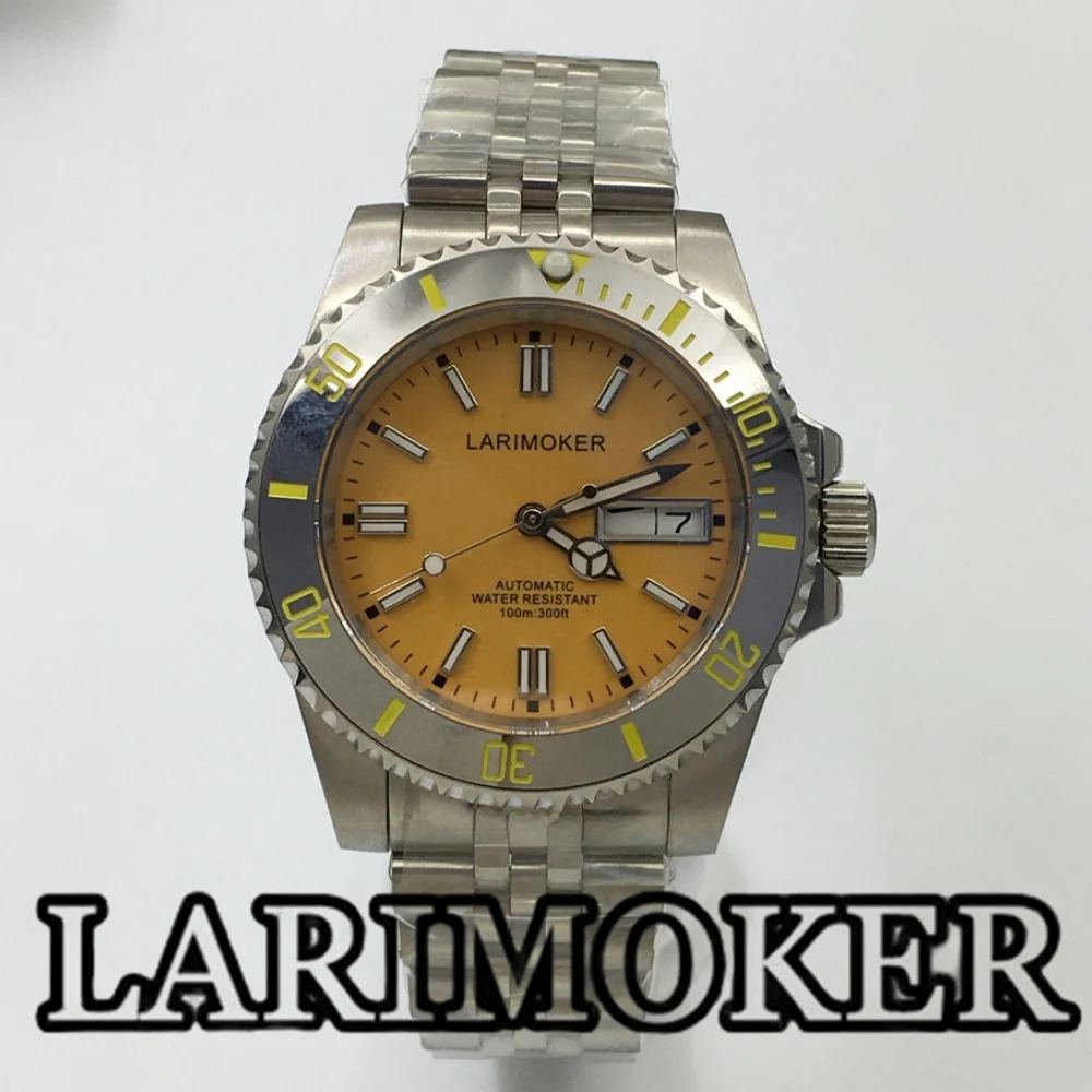 

LARIMOKER 40mm NH36 Man Watch Yellow watch Luminous Dial Sapphire Crystal Date Week Ceramics Bezel Luminous Stainless Strap