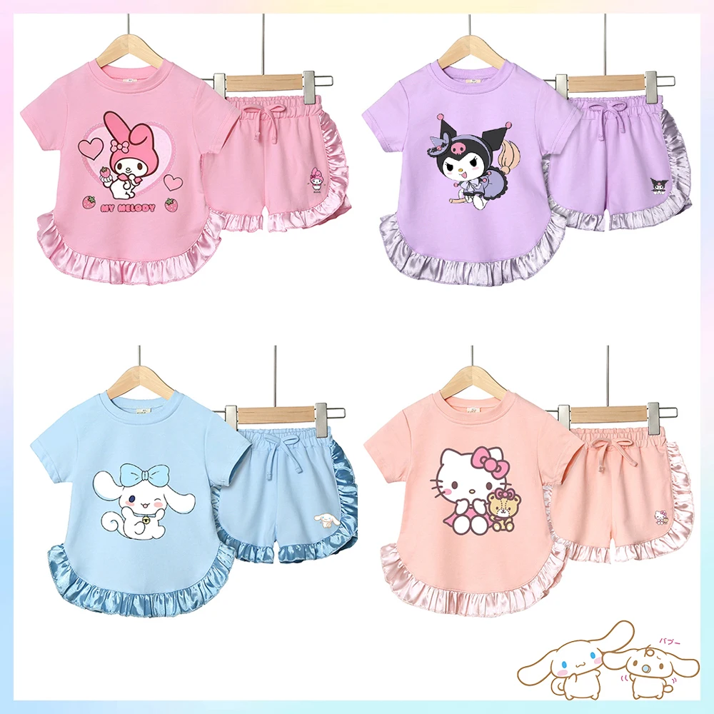 Sanrios Anime Cinnamoroll Kuromi Melody Summer Children Sweet Girls Clothing Sets Cotton Luxury Top+Shorts Toddler Outfits Suit