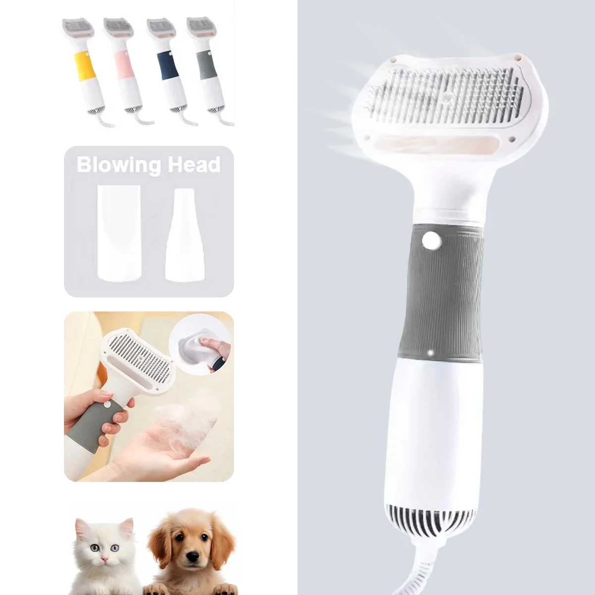 

3 in 1 Dog's Dryer Pet Grooming Low Noise Quick-drying Pull Hair Dryer for Dogs Replaceable Cat Brush Puppy Hair Care Supplies