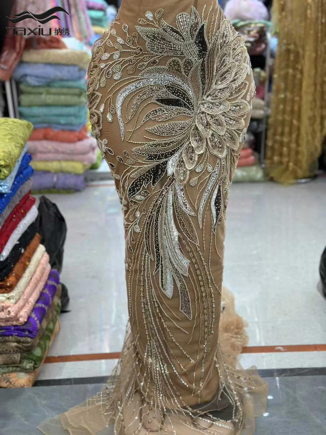 

Madison Luxury Hand Beaded Lace Fabric High-End Tulle with French Nigerian Sequins Beads Embroidery 5 Yards for Bridal Wedding