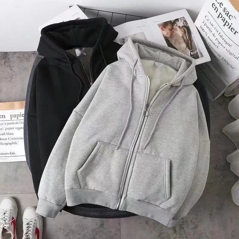 Stylish Women's Fleece Hooded Sweatshirt Winter Warm Cotton Coat Casual Solid Color Zip-Up Hoodies Plus Size Unisex Sweatshirt