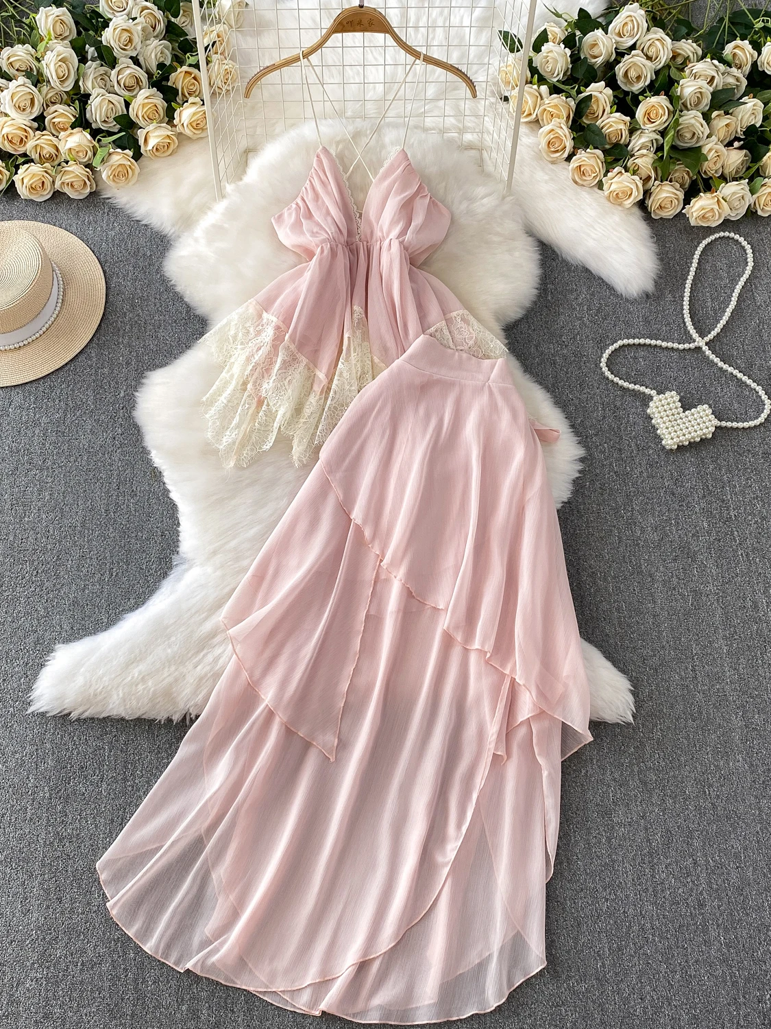 

Sexy Pure Desire V-ne Bal Strap Hanging Ne Lace Trim Asymmetrical Long Skirt Set High Waist Dra Top+Skirt Set