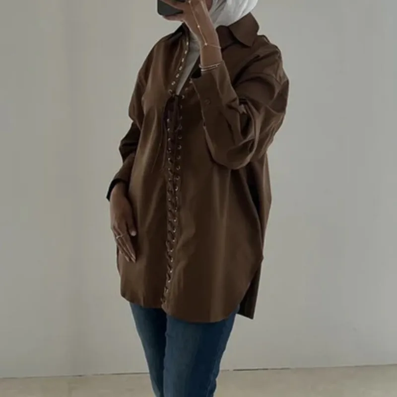 EAEOVNI Blusa de cor sólida para mulheres design de bandagem moda manga comprida camisa solta versátil 2025 novas roupas