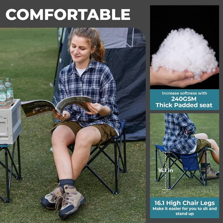 Folding Camping Stool with 18.1 Inch Oversized Foot Rest 440 Lbs Heavy Duty Portable Padded Seat Featuring AntiSlip Feet and Ca