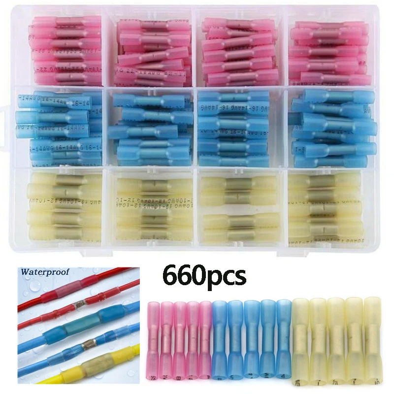 

660 шт. термоусадочные стыковые клеммы-водонепроницаемые разъемы для электрических проводов-изолированные обжимные разъемы для стыкового соединения